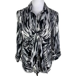 Blue Diamond Abstract Striped Tie Front‎ Button Down Silky Blouse Women's Medium